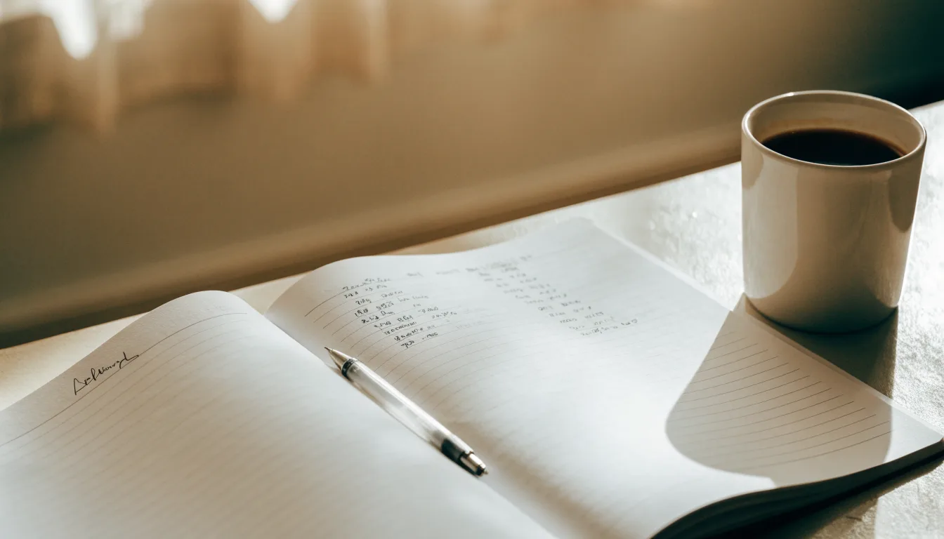 Ein aufgeschlagenes Notizbuch mit handschriftlichen Notizen und ein Kugelschreiber liegen auf einem hellen Schreibtisch neben einer Kaffeetasse.