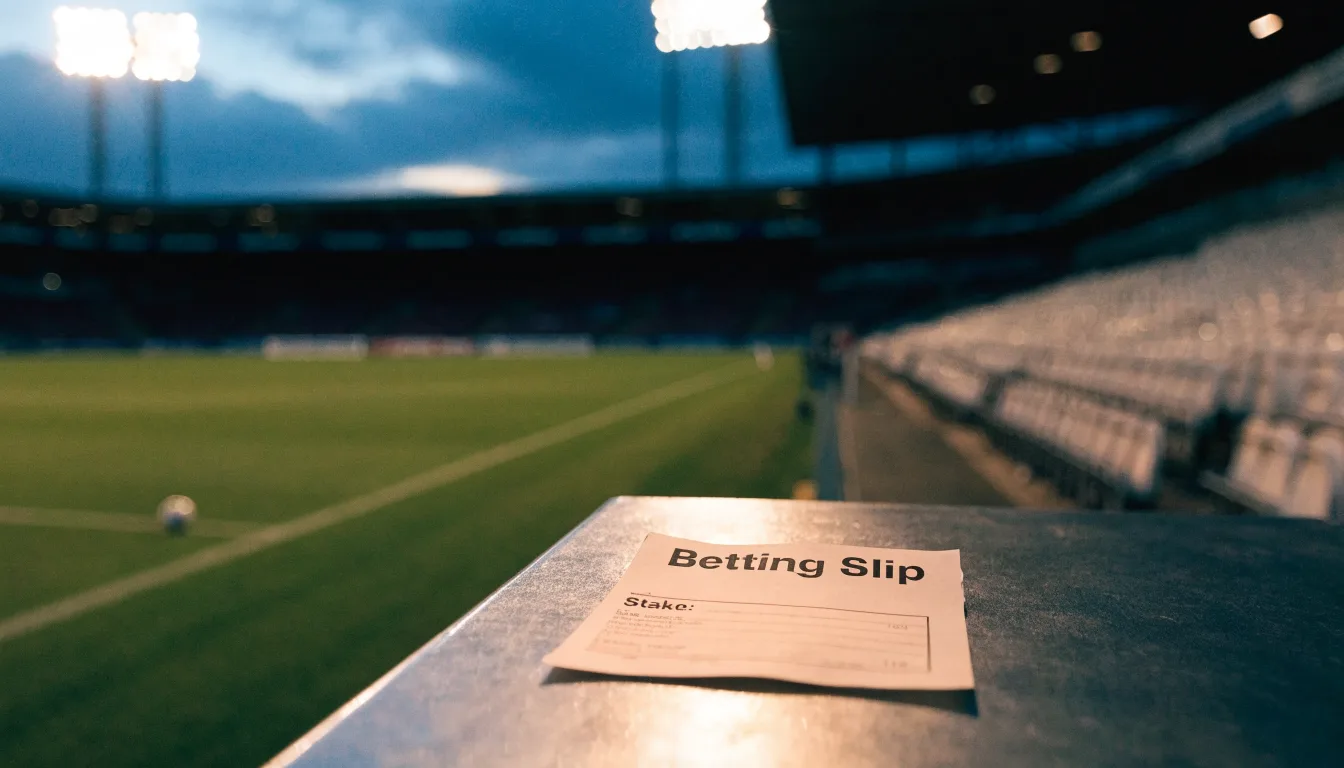 Ein Fußballplatz mit Flutlichtmasten in der Abenddämmerung, aus der Ferne gesehen, leere Tribünen und nasser Rasen unter bewölktem Himmel.