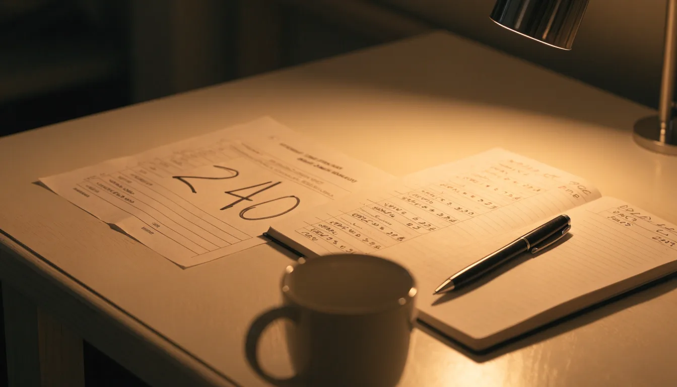 Ein Taschenrechner und ein Blatt Papier mit handschriftlichen Notizen liegen auf einem Schreibtisch unter dem warmen Licht einer Lampe.