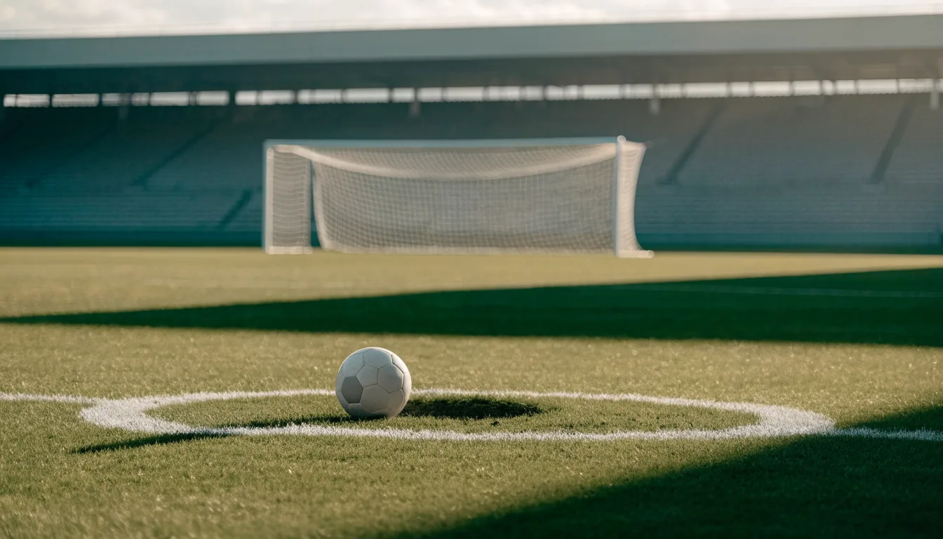 Ein Fußball liegt auf dem Elfmeterpunkt eines leeren Rasenplatzes, im Hintergrund eine Tribüne im Dunst.