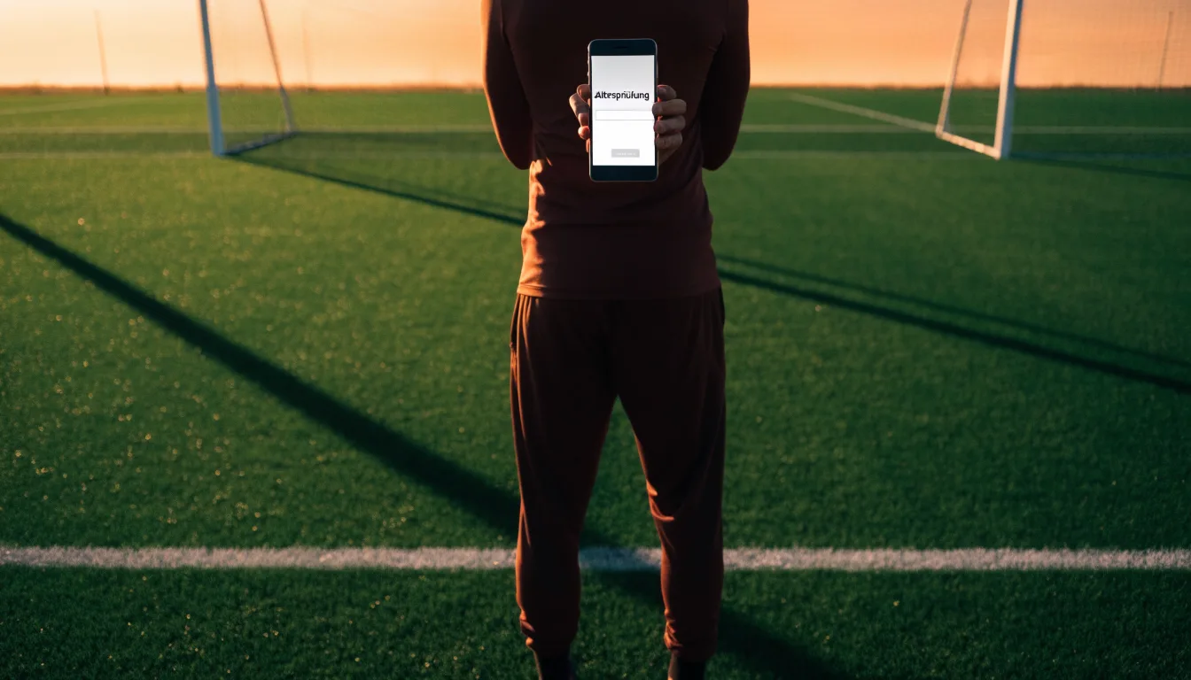 Ein Fußballtor mit Netz bei Sonnenuntergang auf einem leeren Platz, die Schatten der Torpfosten liegen lang auf dem Gras.