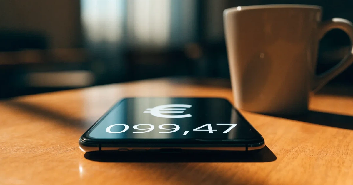 Zwei Euro-Scheine und ein Smartphone liegen auf einem Holztisch neben einer Tasse, im Hintergrund ein unscharfes Fenster.