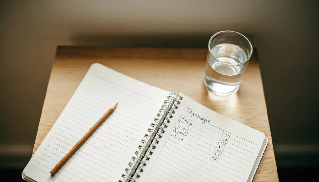 Ein aufgeschlagenes Heft mit handschriftlichen Notizen und ein Bleistift liegen auf einem Schreibtisch, daneben ein Glas Wasser.