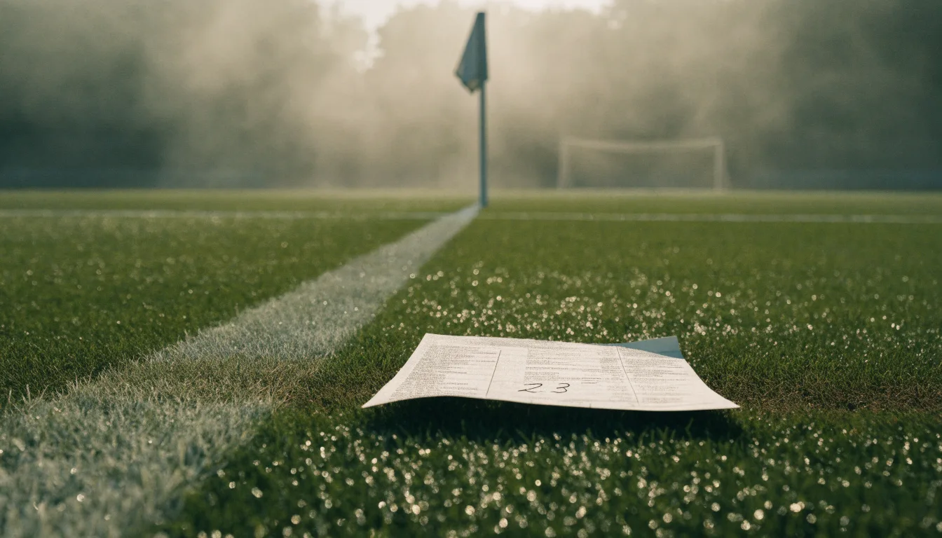 Der Rand eines Spielfelds mit weißer Linie und Eckfahne bei Nebel am frühen Morgen, ohne Menschen.