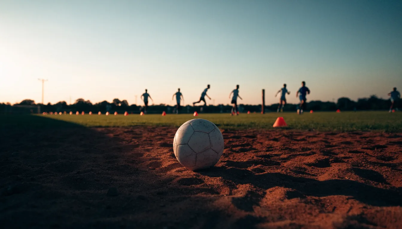 Ein Fußball auf rotem Sandboden neben einer Reihe Hütchen auf einem Trainingsplatz bei untergehender Sonne.