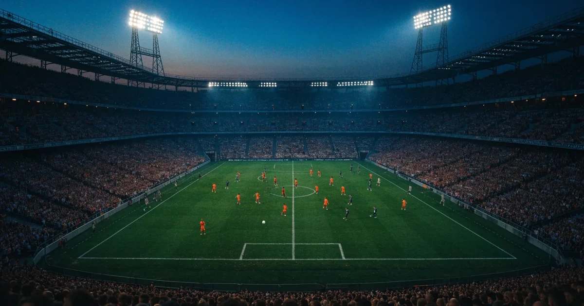 Ein Fußballstadion unter Flutlicht mit hellen Rängen, von einem Hügel aus gesehen, darüber ein dunkelblauer Abendhimmel.