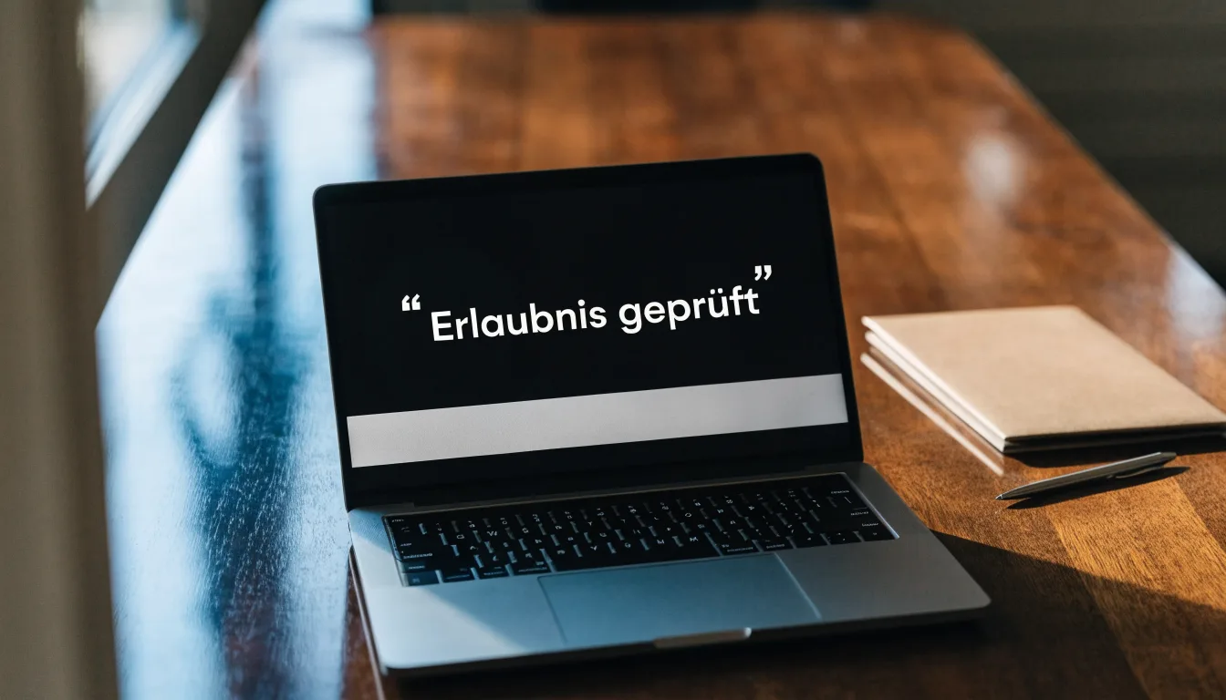 Eine Waage aus Messing und ein geschlossener Aktenordner ohne Beschriftung stehen auf einem polierten Schreibtisch.