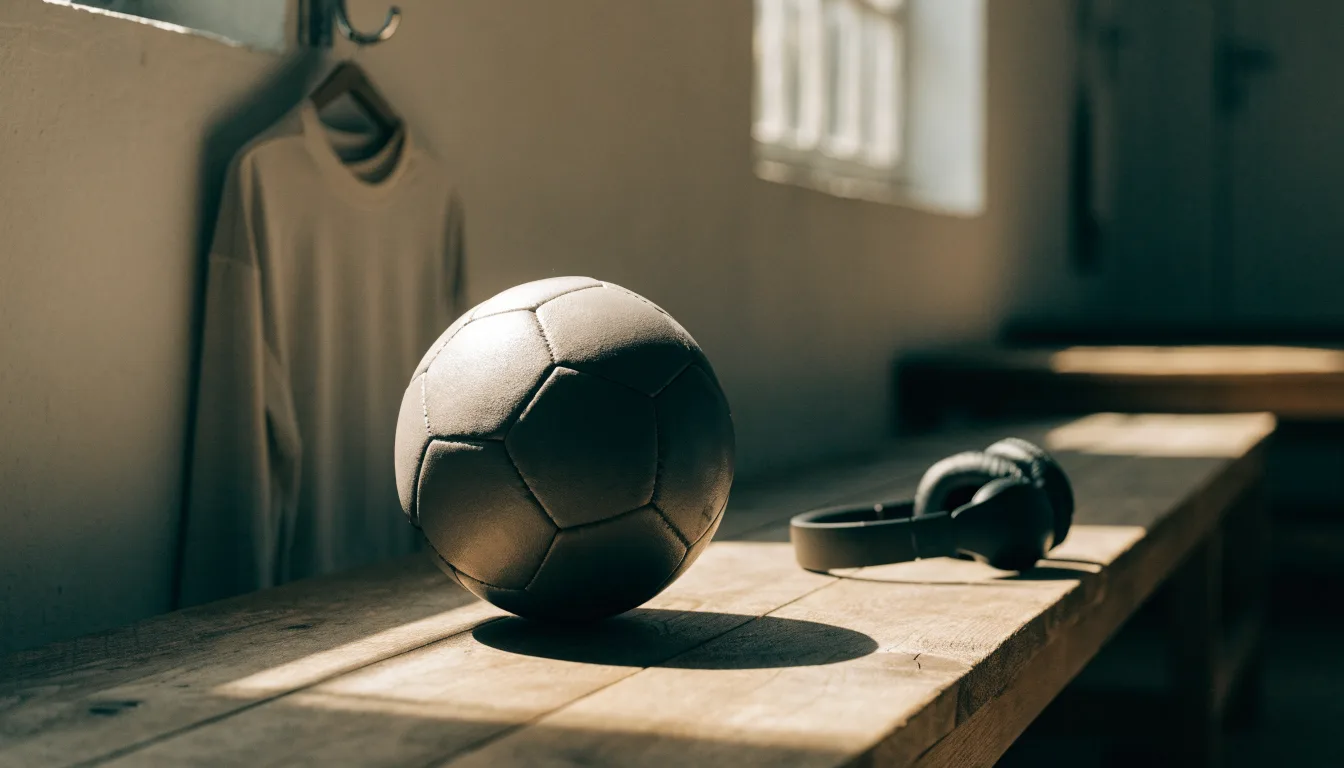 Ein Fußball liegt neben Kopfhörern auf einer Holzbank in einer Umkleide, Licht fällt durch ein schmales Fenster.