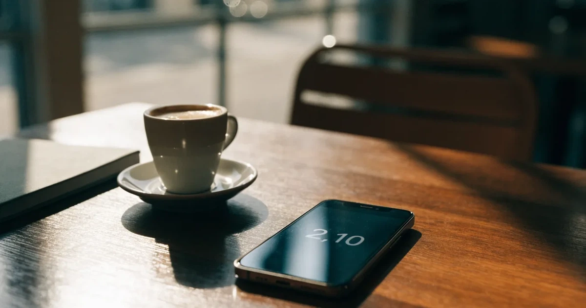 Ein Smartphone mit dunklem Bildschirm liegt auf einem Tisch in einem Café, daneben eine Tasse und ein Notizbuch.