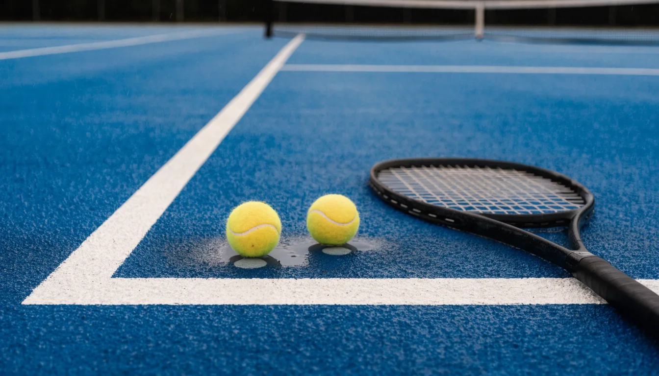 Zwei Tennisbälle und ein Schläger liegen auf der Grundlinie eines Hartplatzes, kleine Wassertropfen glänzen auf dem Belag.