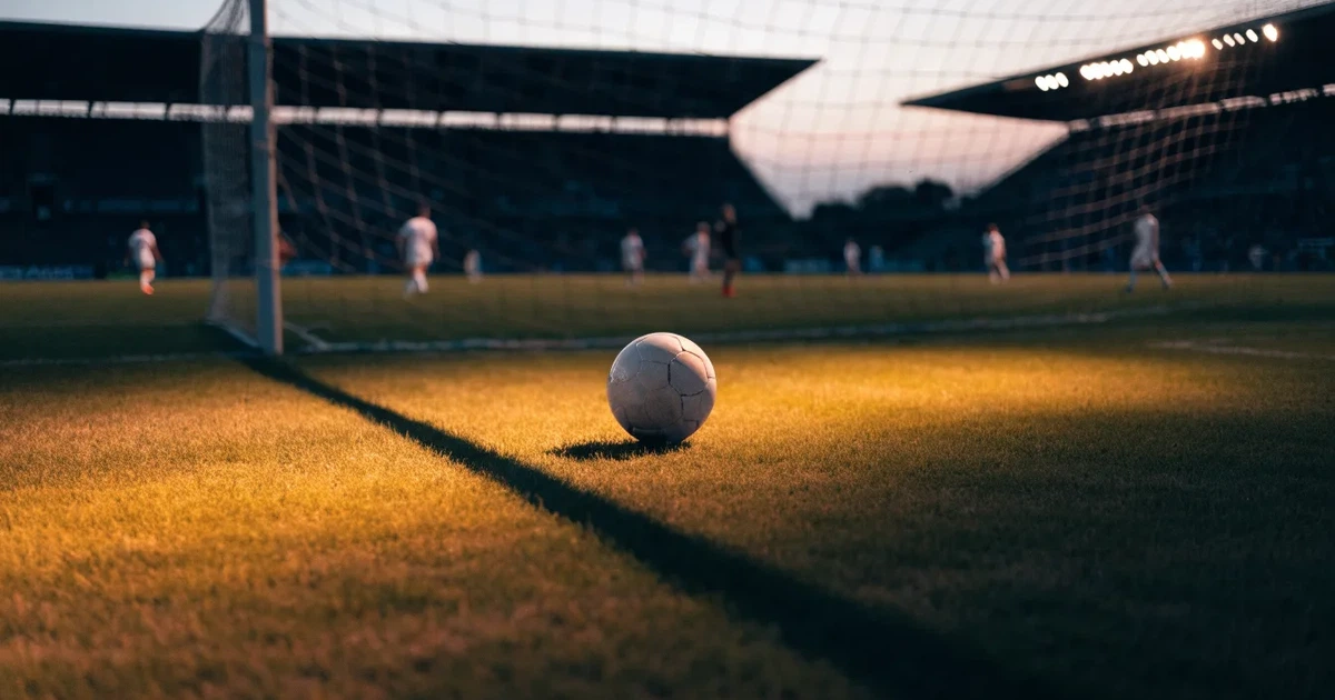 Ein Fußball liegt im Strafraum direkt vor dem Tor mit Netz, im Hintergrund leere Ränge bei Dämmerung.