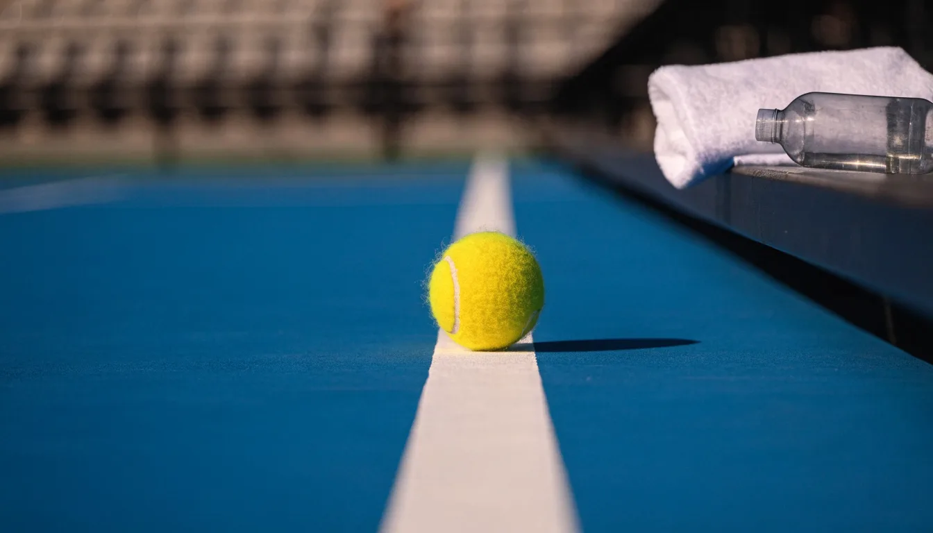 Ein gelber Tennisball liegt auf einer weißen Linie, daneben ein Handtuch auf einer Bank am Spielfeldrand.