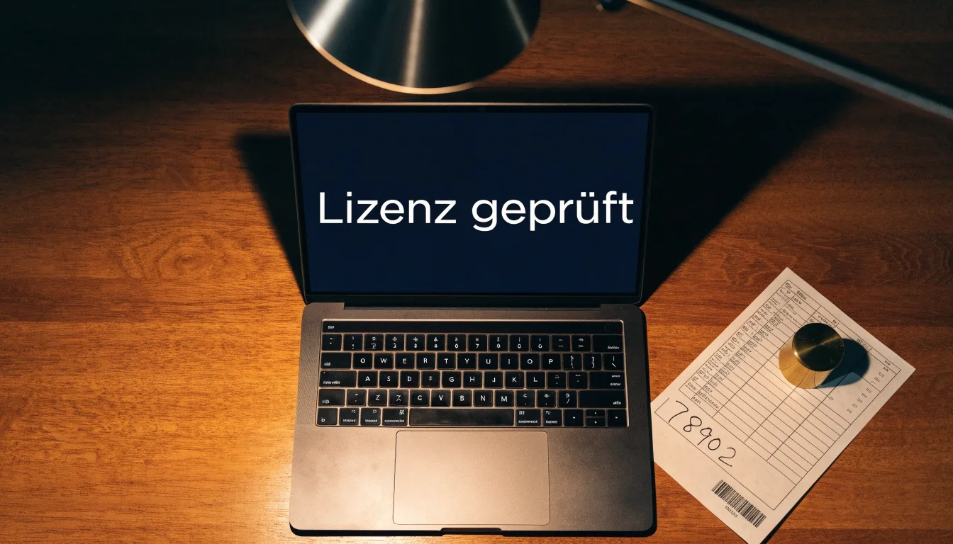 Eine Waage aus Messing steht neben einer Lupe auf einem polierten Schreibtisch im Licht einer Lampe.