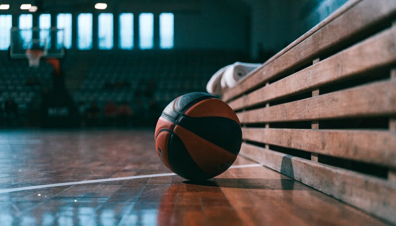 Ein Basketball liegt auf der Freiwurflinie einer Halle, im Vordergrund ein Handtuch auf einer Bank.