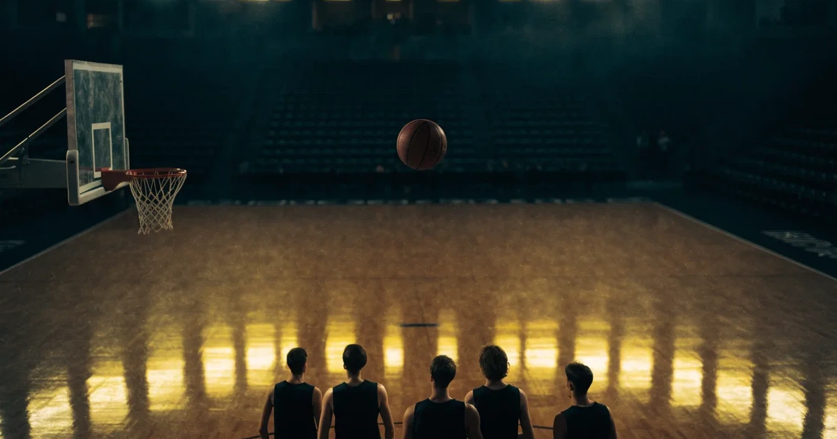 Eine leere Basketballhalle mit glänzendem Parkett und einem Korb im Hintergrund, Licht von Deckenstrahlern spiegelt sich im Boden.