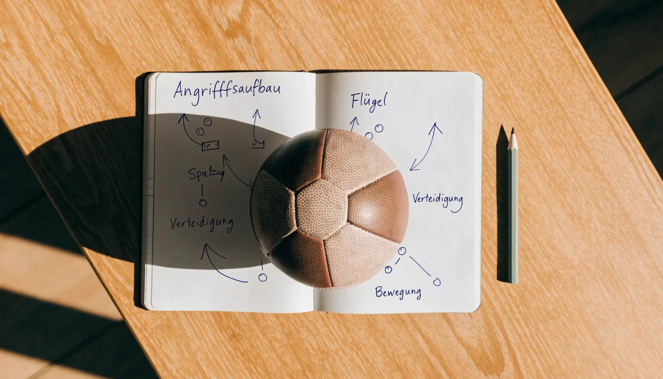Ein Fußball liegt auf einem Notizbuch mit handgezeichneten Skizzen von Spielzügen, aufgenommen von oben auf einem Holztisch.