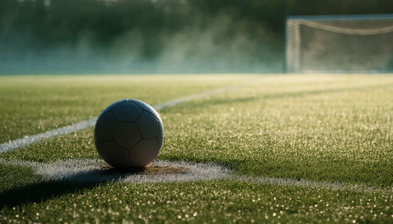 Ein Fußball liegt auf dem Anstoßpunkt eines Rasens bei Sonnenaufgang, Tau glitzert auf den Halmen.