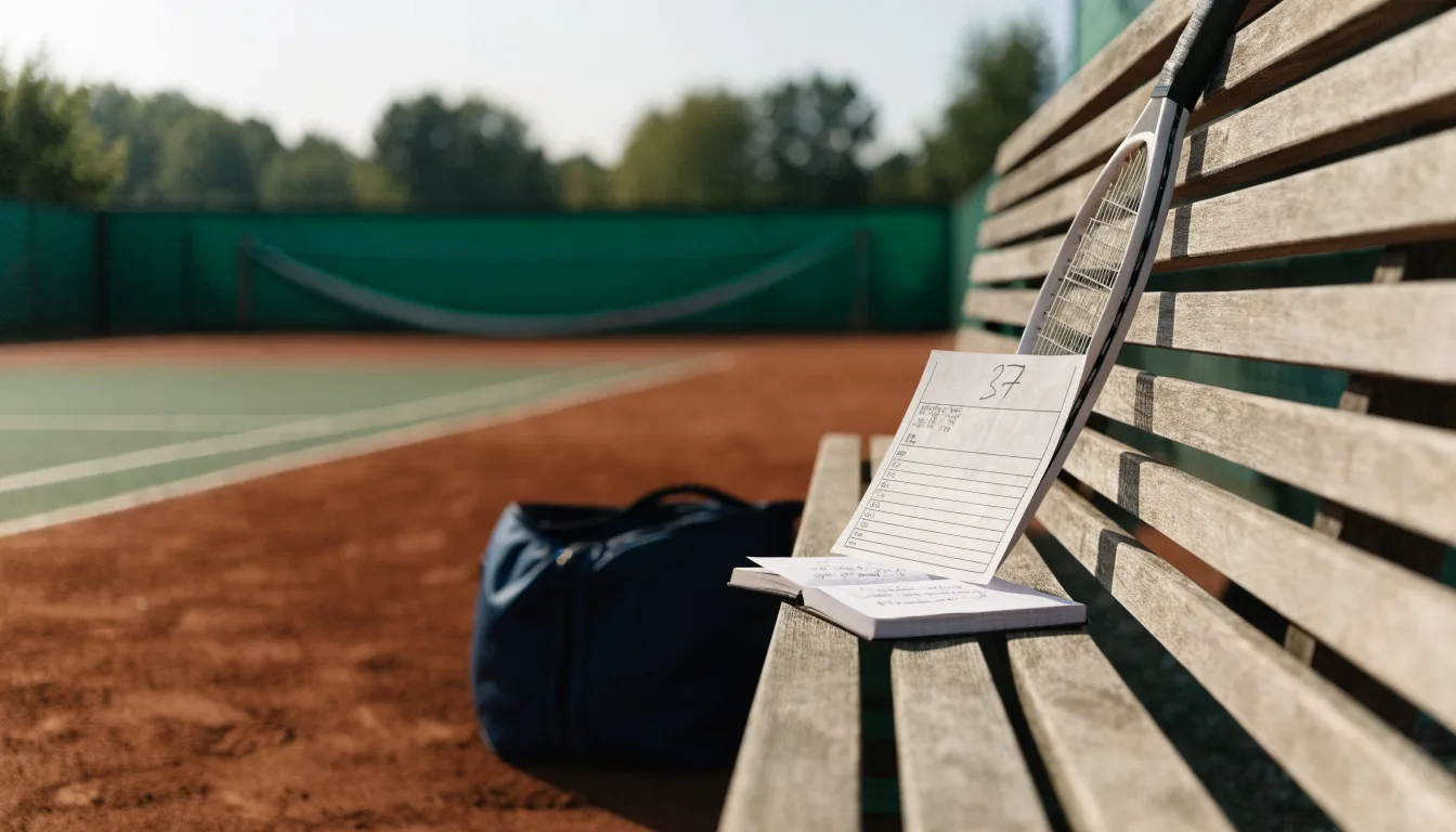 Ein Tennisschläger lehnt an einer Bank neben einer Sporttasche, im Hintergrund ein leerer Platz.