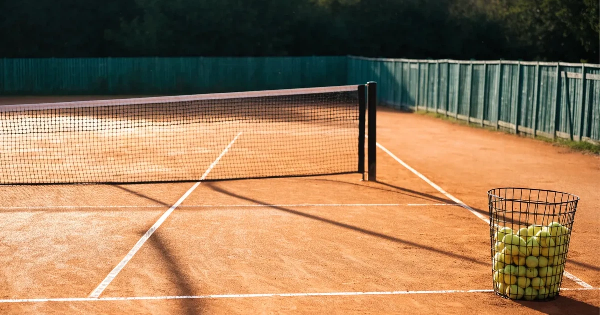 Ein Sandplatz mit frisch gezogenen Linien in der Nachmittagssonne, Netz und Ballkorb am Rand, keine Menschen.