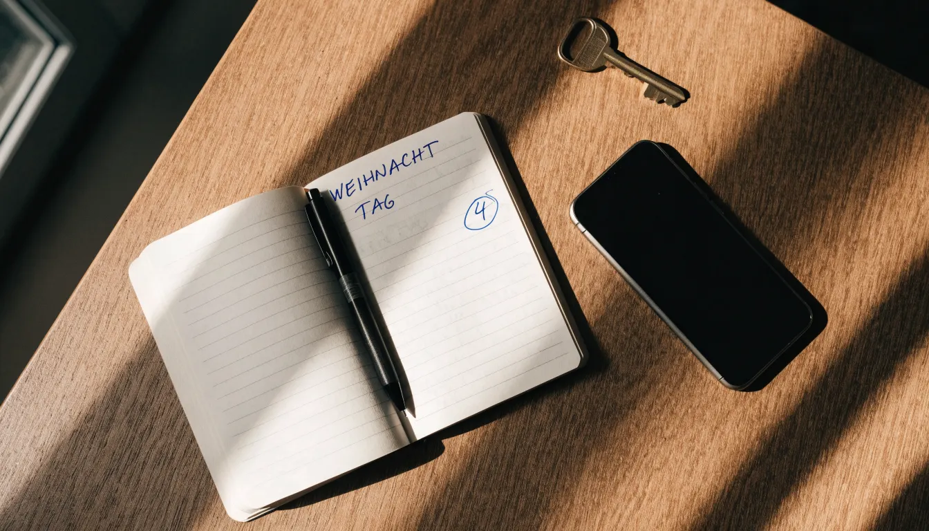 Ein Notizbuch mit handschriftlichen Notizen und ein Kugelschreiber liegen neben einem Smartphone mit dunklem Display auf einem Holztisch.