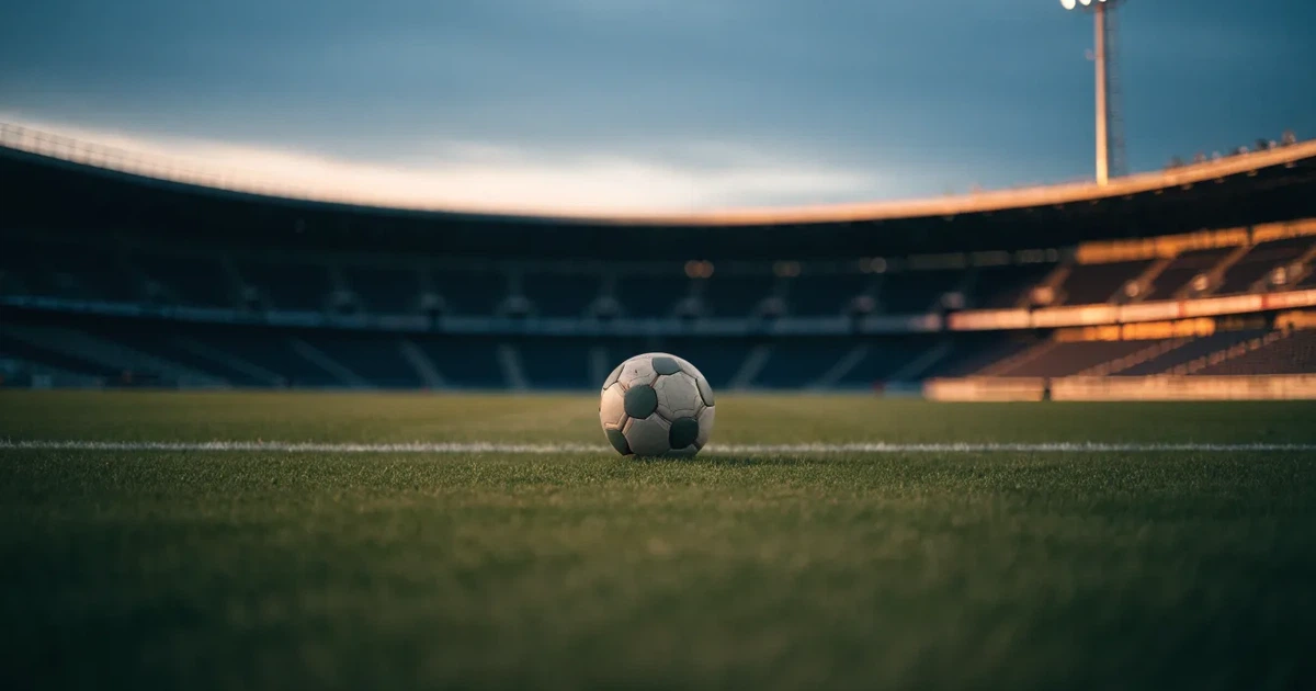 Ein Fußball liegt auf dem Anstoßpunkt eines leeren Rasenplatzes, im Hintergrund eine große Stadiontribüne im Abendlicht.