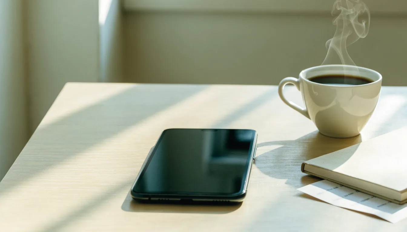 Ein Smartphone mit dunklem Display liegt neben einer Kaffeetasse und einem Notizblock auf einem hellen Tisch.
