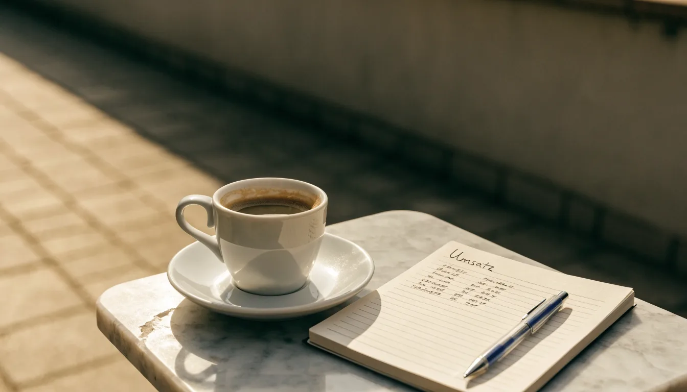 Eine Espressotasse steht auf einem kleinen Marmortisch einer Terrasse, daneben ein Notizheft mit handschriftlichen Skizzen.