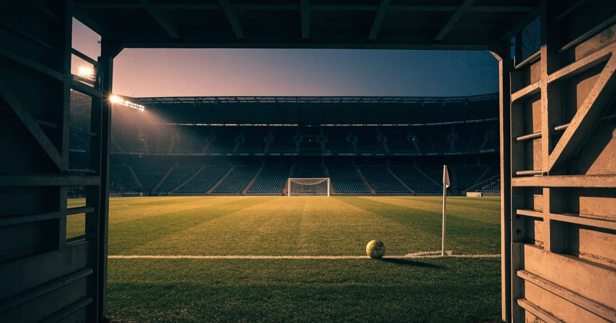 Blick durch ein Stadiontor auf einen grünen Rasen im Abendlicht, ein Ball liegt an der Eckfahne, die Ränge sind leer.