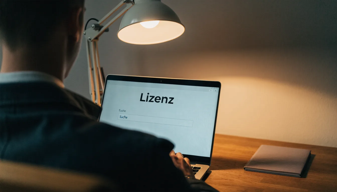 Ein Schreibtisch mit Stehlampe, einem geschlossenen Laptop und einem hölzernen Richterhammer im Halbdunkel.