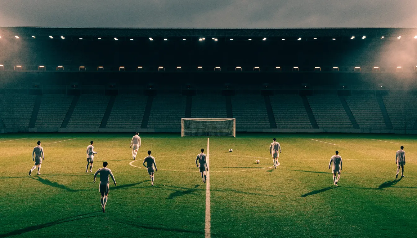 Eine leere Stadiontribüne unter Flutlicht aus der Ferne betrachtet, die Rasenfläche leuchtet grün in der Dämmerung.