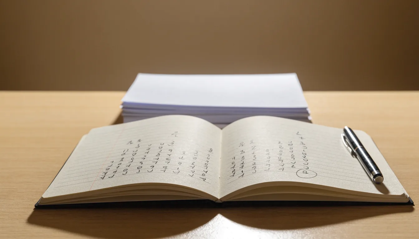 Ein Notizbuch mit handschriftlichen Rechnungen und ein Taschenrechner liegen auf einem aufgeräumten Schreibtisch in warmem Licht.