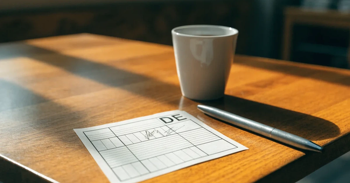 Ein leerer Papier-Wettschein liegt neben einem Kugelschreiber und einer Kaffeetasse auf einem hellen Holztisch, Tageslicht von links.