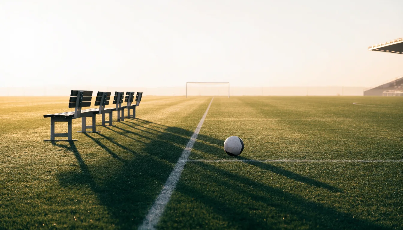 Ein Fußballplatz mit frisch gezogenen Kreidelinien im ersten Morgenlicht, leere Ersatzbänke am Spielfeldrand.