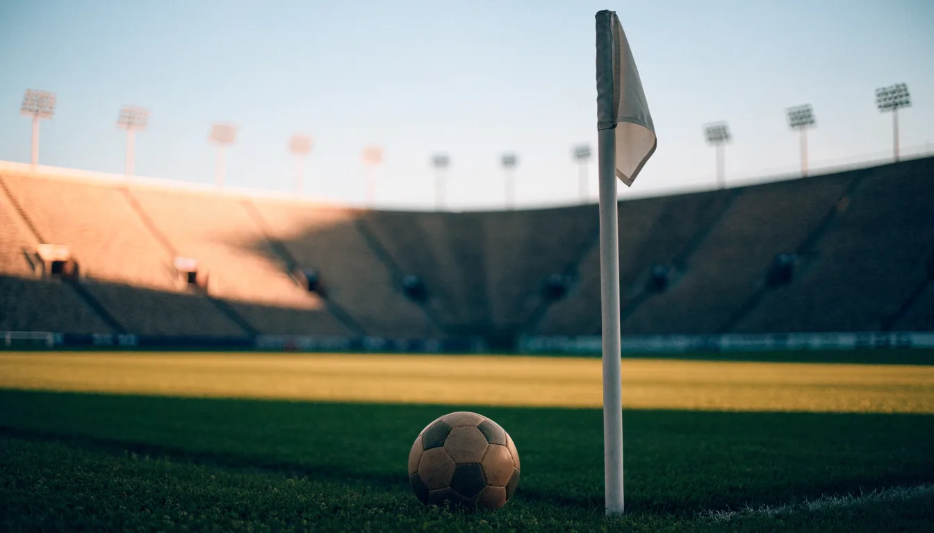 Ein Fußball liegt neben einem Eckfahnen-Pfosten auf einem Rasenplatz, im Hintergrund ein leeres Stadion in der Dämmerung.