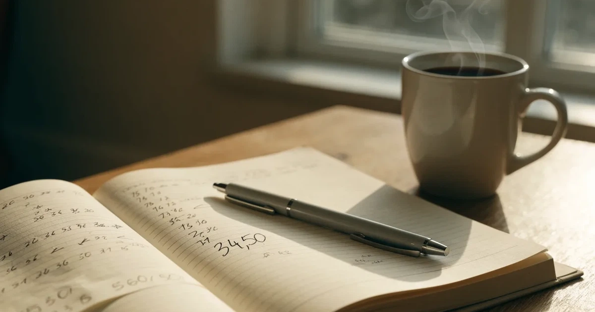 Ein aufgeklapptes Notizbuch mit handschriftlichen Pfeilen und Kreuzen liegt neben einem Kugelschreiber und einem Becher Kaffee auf einem Tisch am Fenster.