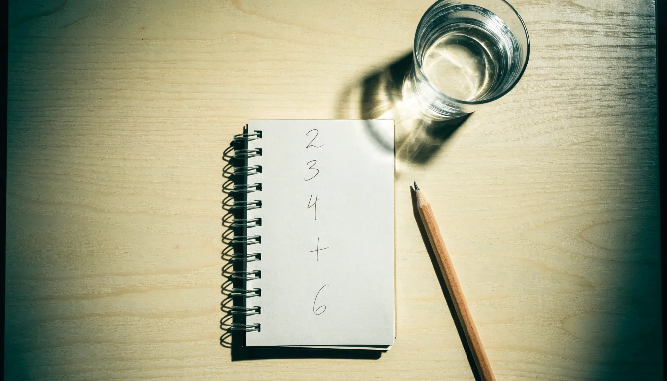 Ein Taschenrechner liegt auf einem Schreibtisch neben einem Block mit handschriftlichen Rechnungen und einem Glas Wasser.