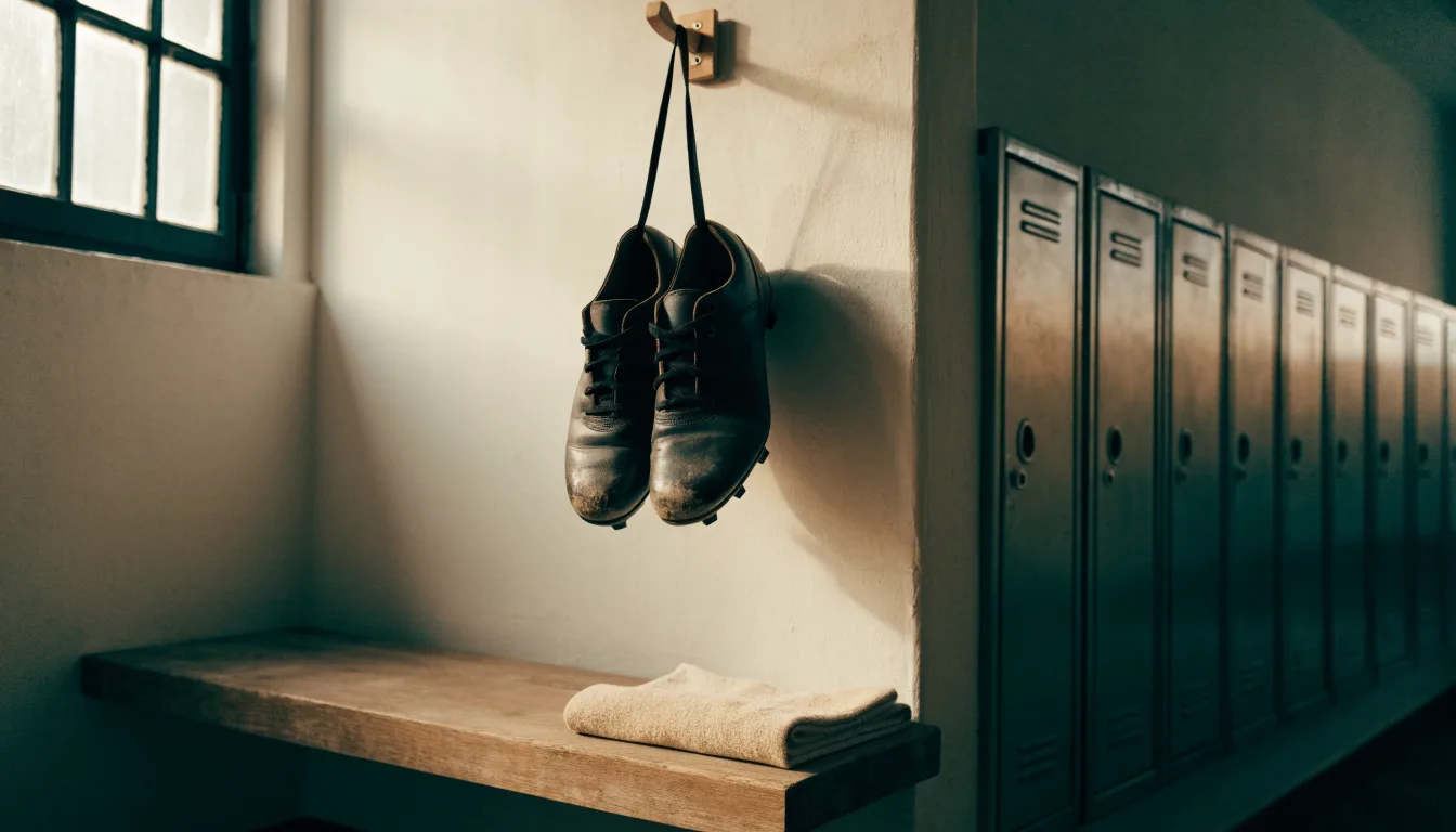 Ein Paar Fußballschuhe hängt an den Schnürsenkeln an einem Holzhaken in einer leeren Umkleidekabine.