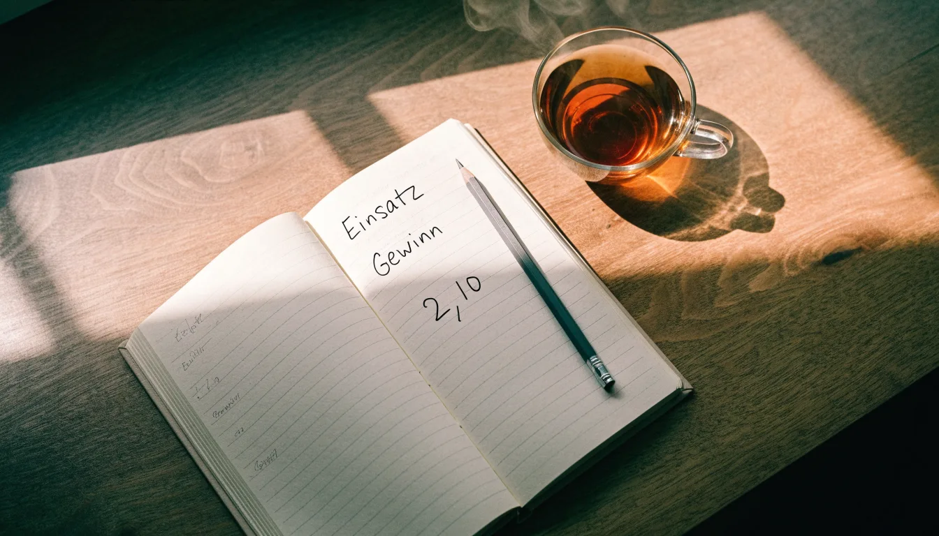 Ein Schreibtisch mit Taschenrechner, Bleistift und einem Block voller handschriftlicher Rechnungen, daneben eine Tasse Tee.