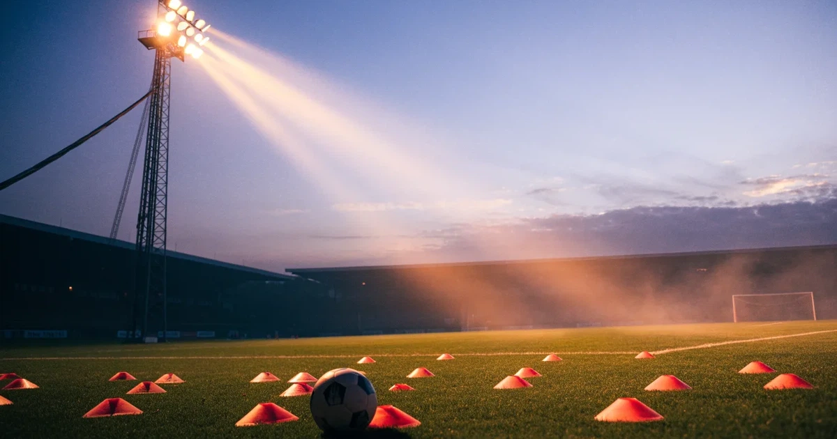 Eine Flutlichtanlage ragt über einen Trainingsplatz, auf dem Rasen liegen verstreut Hütchen und ein Ball, am Himmel die Abenddämmerung.