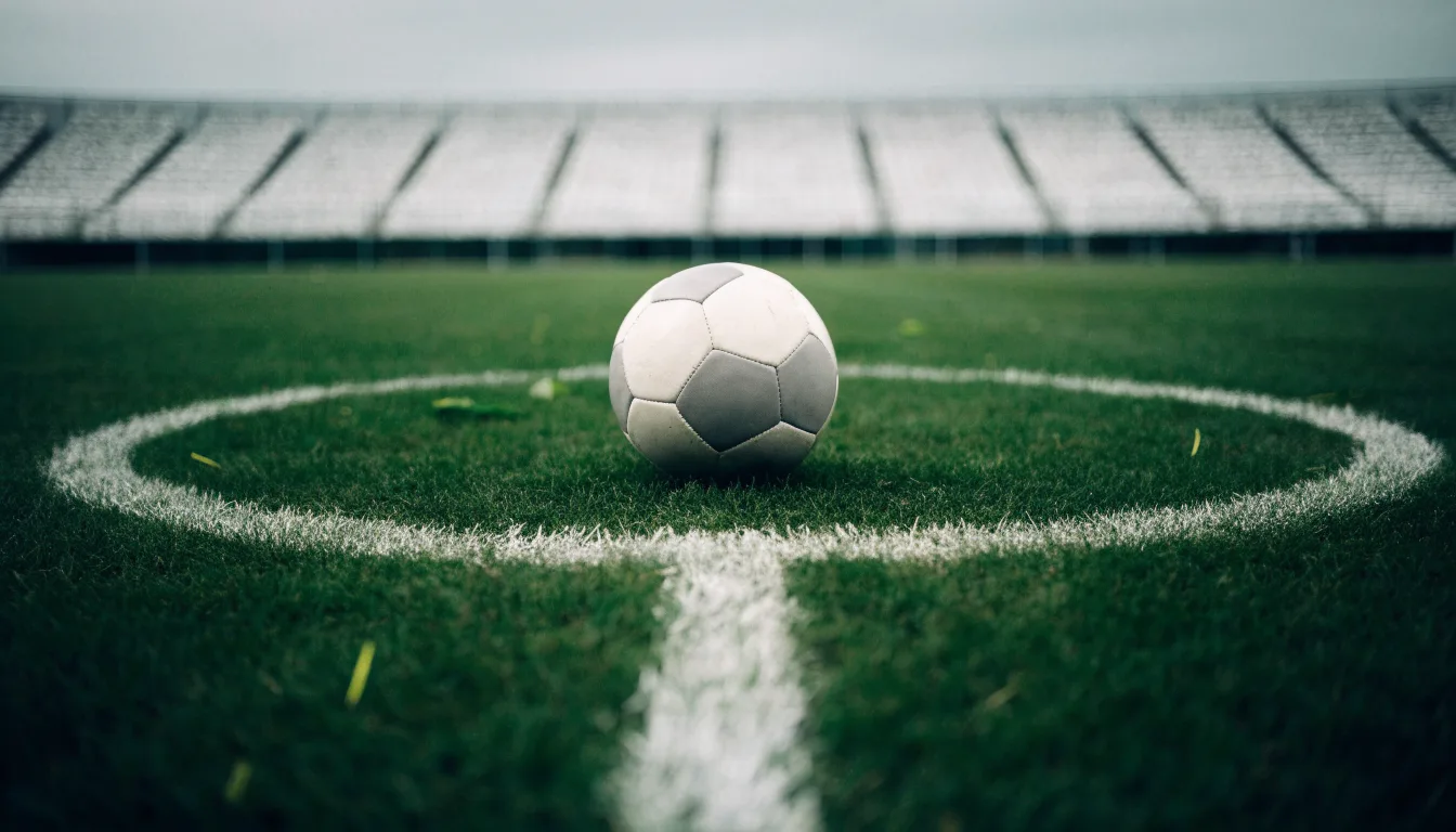 Ein Fußball liegt auf dem Rasen im Mittelkreis, die Kreidelinien führen scharf ins Bild, dahinter verschwimmt eine Tribüne.