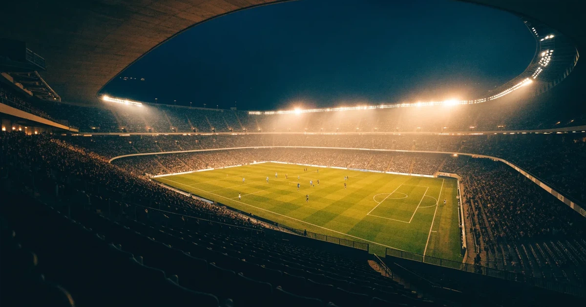 Ein großes Stadion bei Nacht, aus der Ferne unter Flutlicht gesehen, die Ränge hell erleuchtet, der Rasen leuchtend grün.