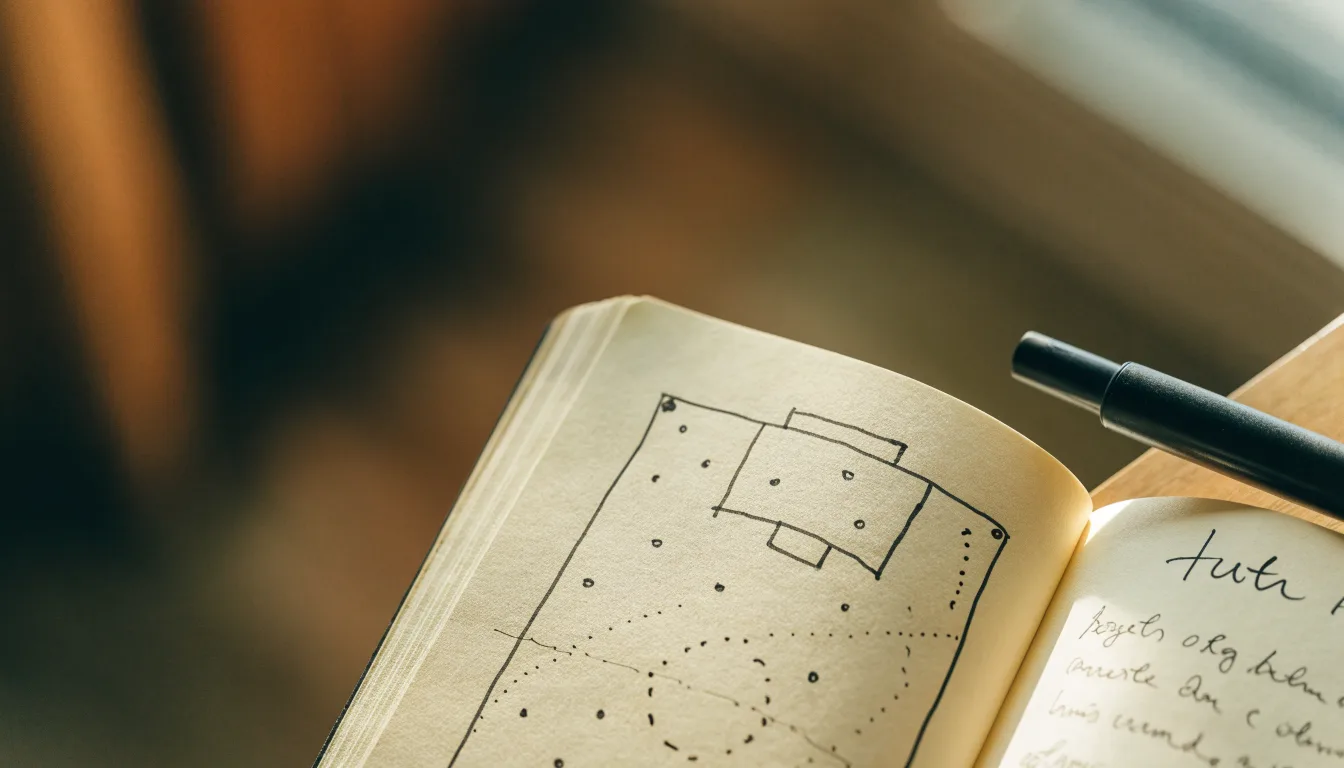 Ein aufgeschlagenes Notizbuch mit handschriftlichen Skizzen von Spielzügen liegt neben einem Kugelschreiber auf einem Holztisch.