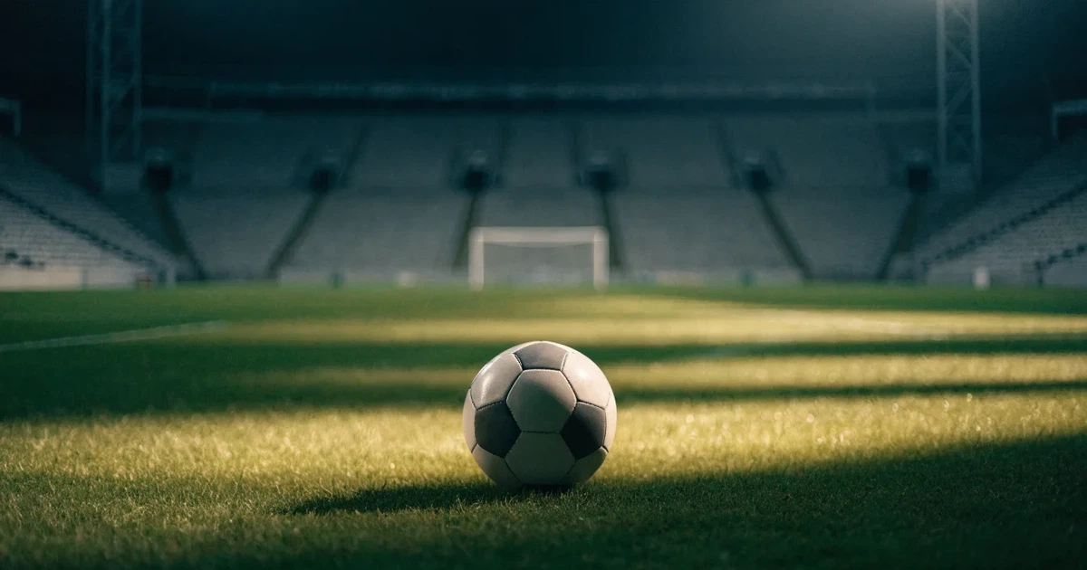 Ein Fußball liegt auf dem Rasen eines leeren Stadions bei Flutlicht, im Hintergrund unscharfe Tribünen ohne erkennbare Beschriftung.