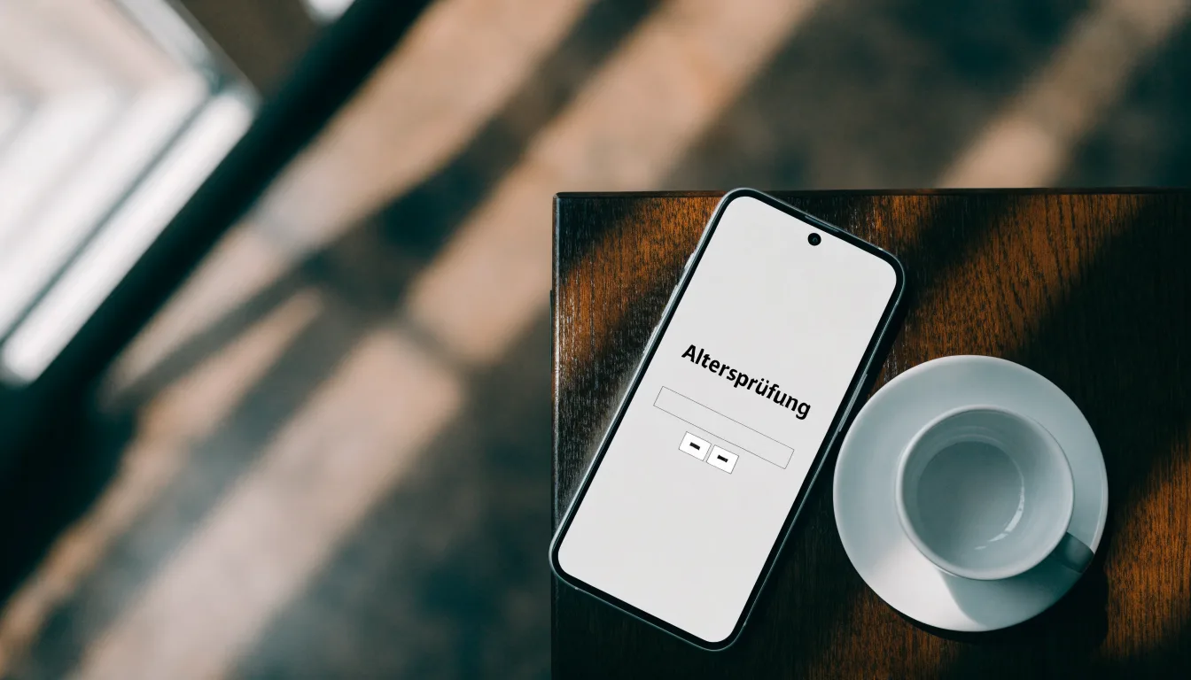 Ein Smartphone mit dunklem Display liegt neben einer Kaffeetasse auf einem Holztisch im Licht eines Fensters.