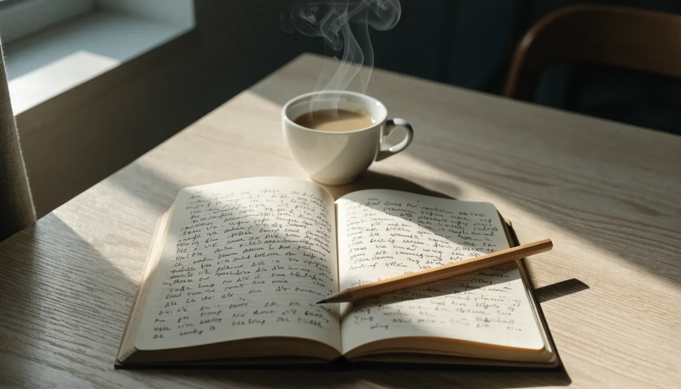 Ein aufgeschlagenes Notizbuch mit handgeschriebenen Stichpunkten und ein Bleistift liegen neben einer Kaffeetasse auf einem hellen Holztisch.