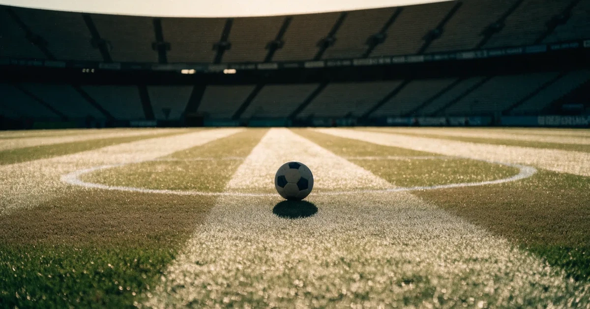 Ein Fußball liegt auf dem Mittelkreis eines Stadionrasens am frühen Morgen, im Hintergrund leere Ränge ohne erkennbare Beschriftung.