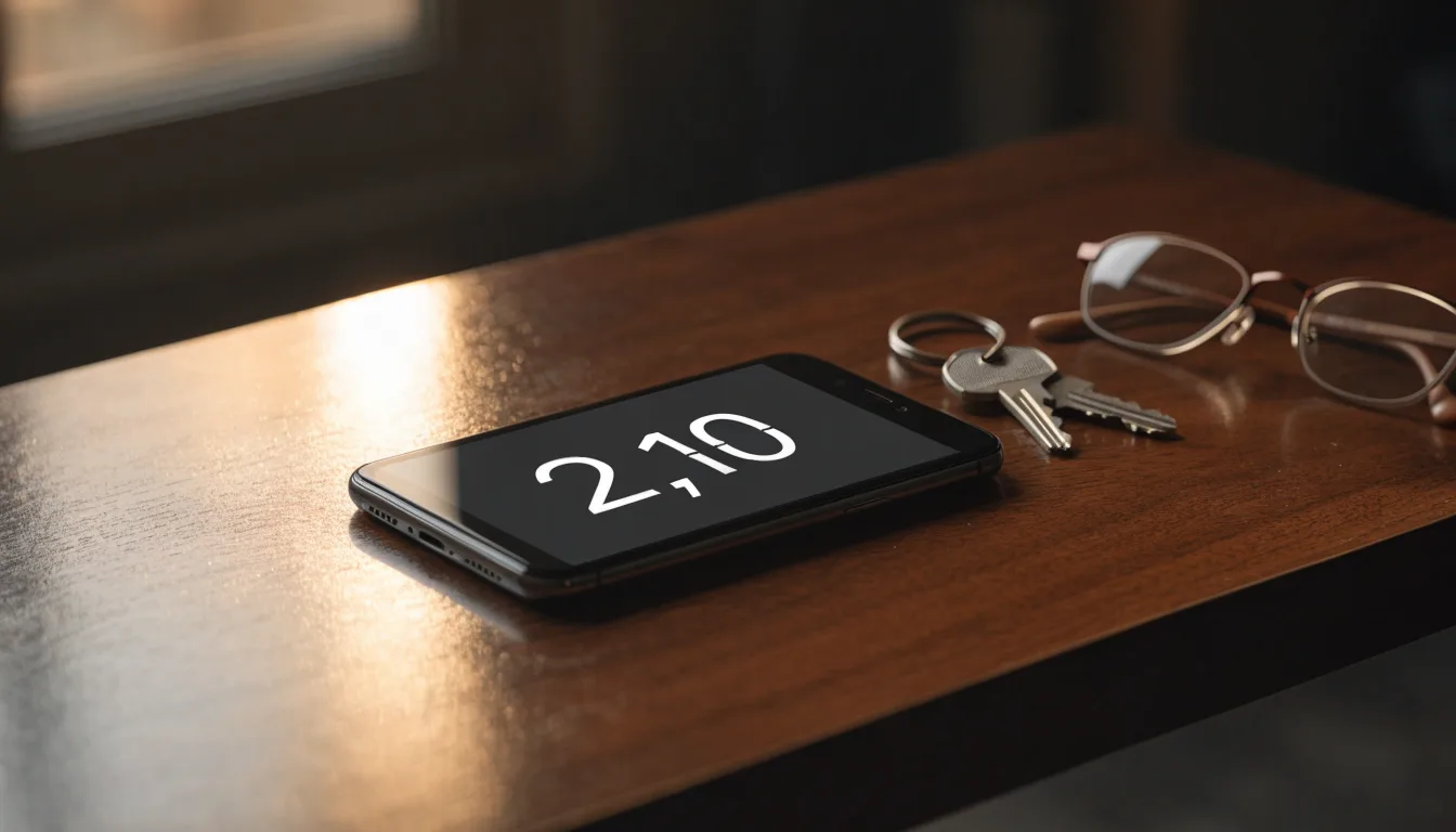 Ein Smartphone liegt mit dunklem Display auf einem Holztisch neben einem Schlüsselbund und einer Brille im Licht eines Fensters.