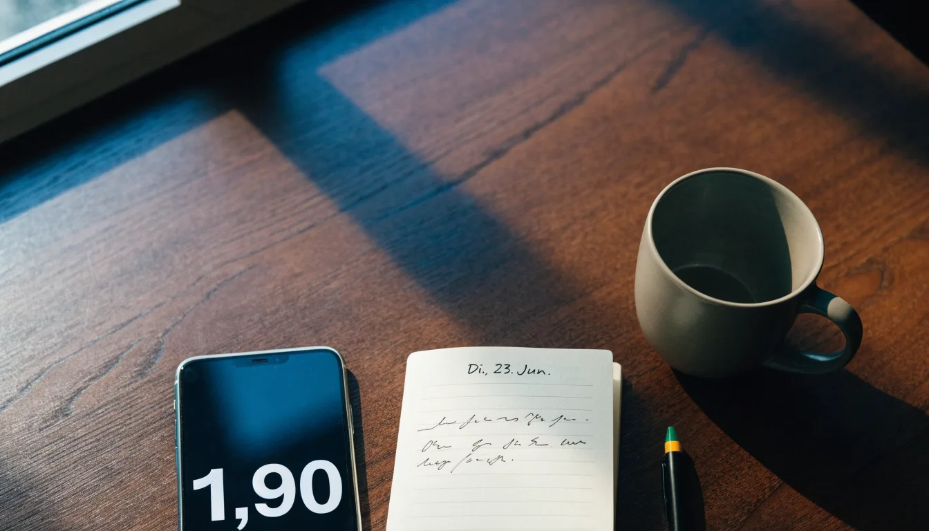 Ein Smartphone liegt mit dunklem Display auf einem Schreibtisch neben einem Notizbuch und einer Kaffeetasse.