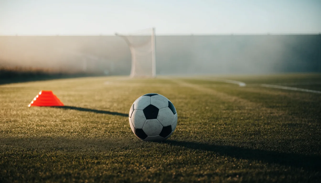 Ein Fußball liegt auf einem Rasenplatz bei Sonnenaufgang, daneben ein kleiner Stapel Trainingshütchen.