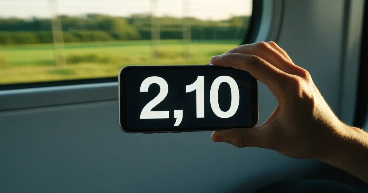 Eine Hand hält ein Smartphone mit dunklem Display in einem Zug, am Fenster ziehen verschwommen Felder vorbei.
